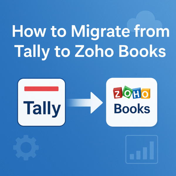 Illustration showing the migration from Tally to Zoho Books with icons and arrow, used as the cover image for Biztree Outsourcing’s migration guide.